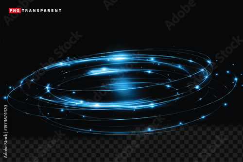 Glowing blue circular light effect with sparks on transparent background for video editing and design