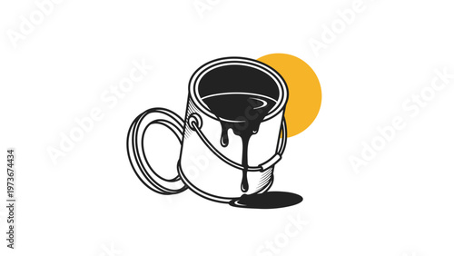 Industrial paint can pouring black liquid with a bright yellow circle in the background creates a bold and high contrast artistic graphic.