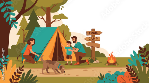 Family camping with dog exploring nature trail, setting up tent and campfire scene for outdoor adventure summer holiday, flat vector illustration warm earthy palette, with copy space.