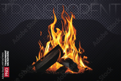 A realistic fire flame effect with glowing embers on transparent background for video editing and design