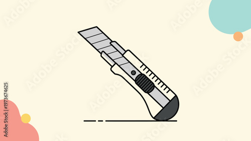 Colorful utility knife or box cutter with a retractable blade shown at an angle against a light background with soft abstract shapes for diy.