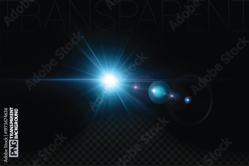 Glowing blue light burst effect with lens flares on transparent background for video editing and design
