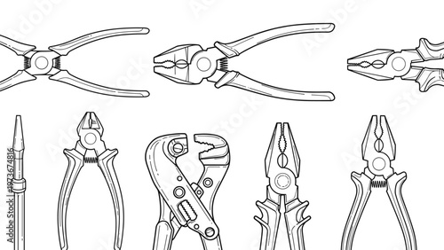 Diverse collection of professional hand tools featuring various types of pliers and cutters in black and white line art for workshop use.