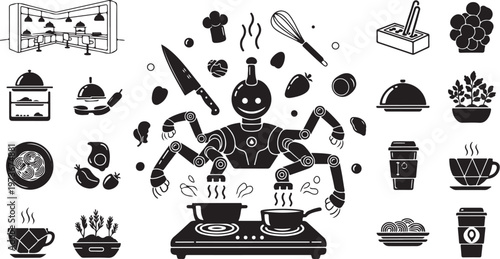 Robot cooking with various kitchen utensils and food items