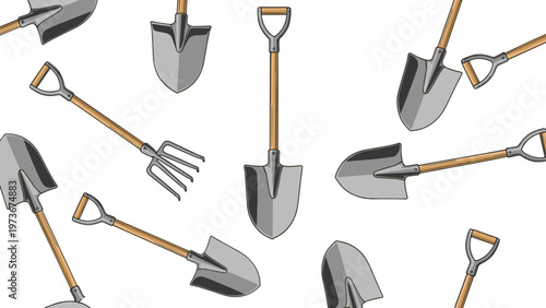Pattern of gardening tools featuring shovels and a pitchfork in different angles over a plain white background for outdoor work projects.