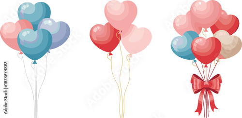 Heart-shaped balloon bouquet in blue, pink, red, and beige colors with ribbon bow for celebration and romantic events vector illustration