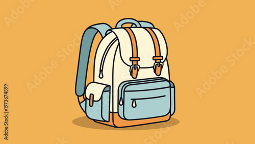 Stylish beige and blue backpack with brown leather straps shown against a solid mustard yellow background for travel and school concepts.