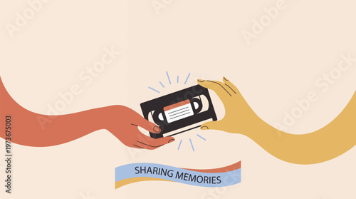 Hands exchanging VCR cassette, glowing with 'Sharing Memories' banner, conveying nostalgic retro media and connection in flat pastel illustration.