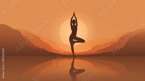 Yoga concept, silhouette practicing yoga, warm tones 