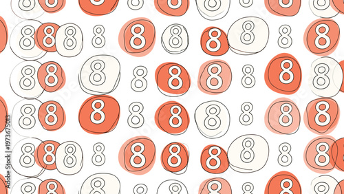 Creative pattern featuring the number eight in different styles and sizes with soft pink and cream circles on a white backdrop for design.