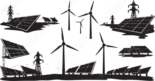 Renewable Energy Sources Solar Panels and Wind Turbines Illustration