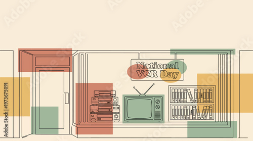 National VCR Day celebration display with retro stacked VCRs, vintage TV, and VHS tapes, in minimalist line art with abstract flat color blocks and a warm earthy palette vector illustration.