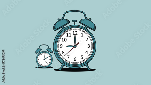 Illustration of two vintage style alarm clocks one large and one small in a muted blue color against a solid blue backdrop for time.