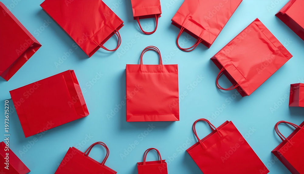 Naklejka premium Red shopping bags pattern on light blue background, perfect for holiday sales, retail marketing, and commercial shopping concepts.