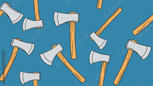 Seamless pattern of hand axes with grey heads and wooden handles shown in various orientations on a solid blue background for tool theme.