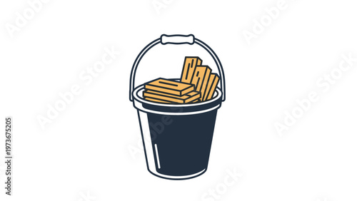 Simple blue bucket filled with a stack of rectangular yellow wood blocks or tiles isolated on a white background for toy storage concept.