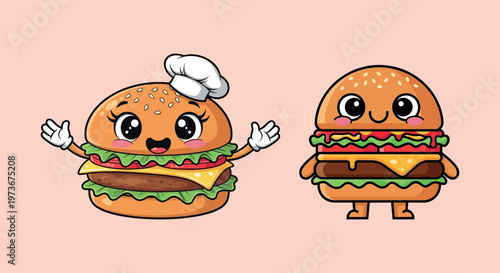 Cartoon hamburger and cheeseburger characters.