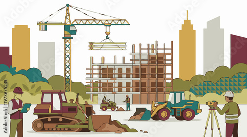 Construction site illustration with crane, workers, and modern city skyline