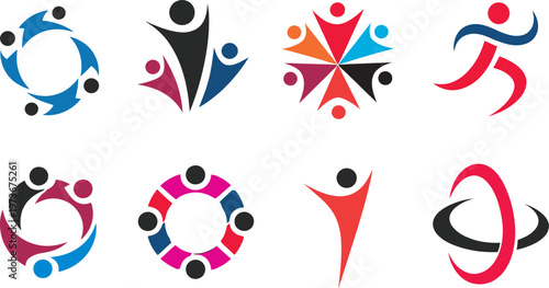 Collection of abstract people logos with dynamic shapes representing teamwork, movement, collaboration, and community. Modern colorful vector icon set suitable for fitness brands, startups, mobile app