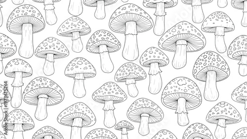 Detailed black and white seamless pattern of various types of wild mushrooms in a hand drawn sketch style for nature and forest themes.