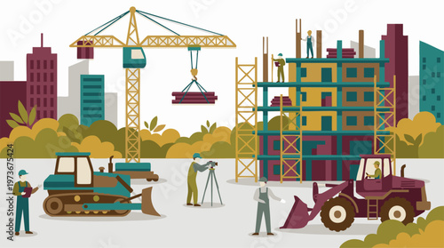 Building construction site illustration with crane, heavy machinery, and workers