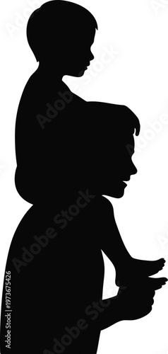 Silhouette of father with child on shoulders looking to the side on white background daughter carrying