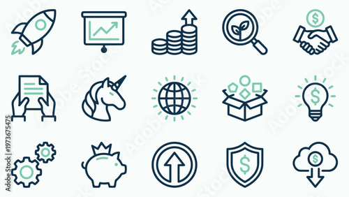 Comprehensive Business and Finance Icon Set for Innovation and Global Strategy