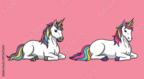 Two white cartoon unicorns lying down.