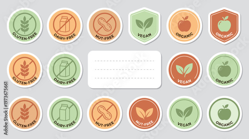 Food Safety Labels with Gluten-Free, Dairy-Free, Nut-Free, Vegan, Organic badges and blank note, for allergen awareness, healthy choices; flat vector, pastel hues, isolated, copy space.