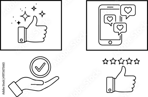 Appreciation and acceptance icon set with positive recognition symbols. Satisfaction and social media interaction line icons in clean vector style on white background.eps