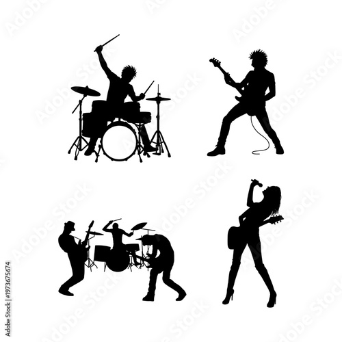 Rock Band Performance Silhouette Set featuring Drummer, Guitarist, and Singer isolated on White Background