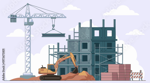 Construction site with crane, excavator, and building under development