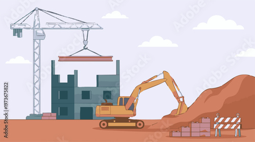 Construction site with crane, excavator, and building development