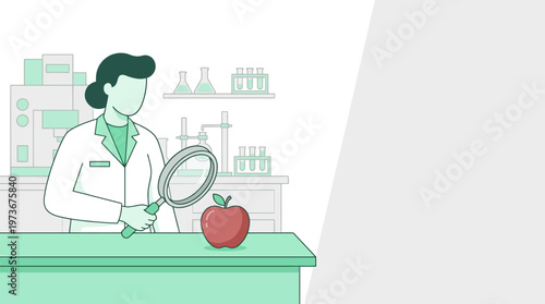 Female scientist holds magnifying glass, inspects apple for food safety and quality control in clean flat vector, green accents laboratory illustration.