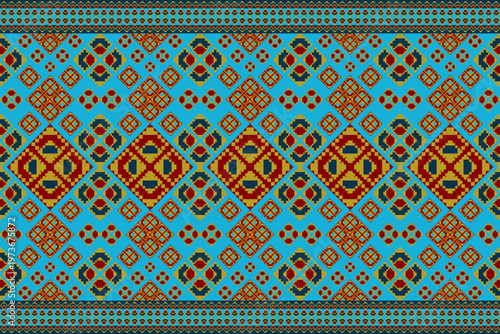 Seamless ethnic geometric pattern with colorful diamond and decorative motifs. Vibrant symmetrical design ideal for textile, fabric, fashion prints, wallpaper, and surface decor.
