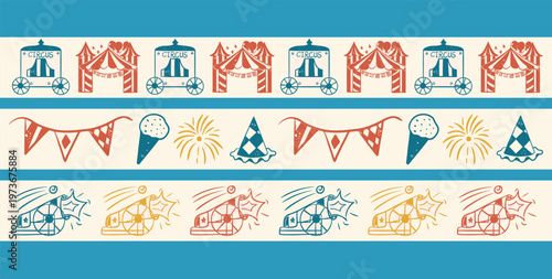 Set of seamless vintage circus and carnival horizontal vector borders. Retro wagons, big top tents abd party flags, ice cream and fireworks, and cannons in red and blue colors.