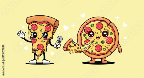Cartoon pizza character with slice.