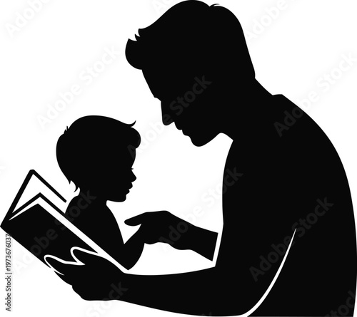 Father Pointing at Book for Child Silhouette reading