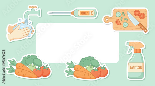 Essential tools and fresh produce for safe food prep: hand washing, temperature check, chopping, and sanitization for health, in a clean flat pastel vector frame with central copy space.