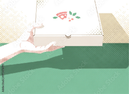 Hands gift box present halftone comic style vector sticker icon giving holding surprise