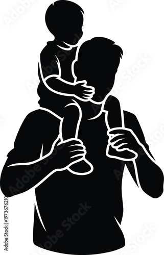 Silhouette of father carrying child on shoulders on white background family