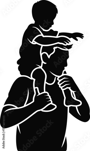 Silhouette of father carrying child on shoulders walking on white background daughter