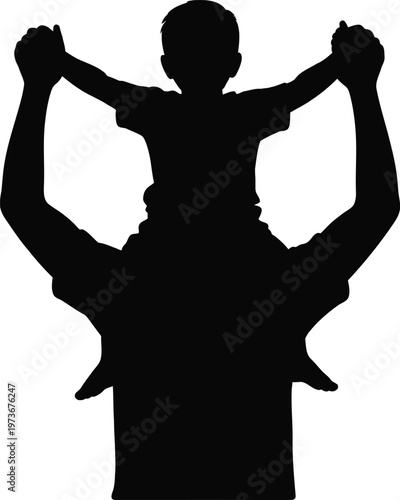 Silhouette of father carrying child on shoulders with arms raised on white background daughter