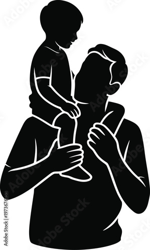 Silhouette of father carrying son on shoulders with white background child