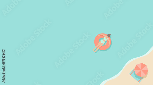 Woman on float ring in calm ocean with beach umbrella, relaxing on summer day, representing aquatic leisure, in flat vector design with soft pastel hues, overhead view, ample copy space.