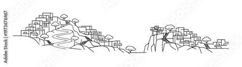 Terraced hillside settlement with winding illuminated valley