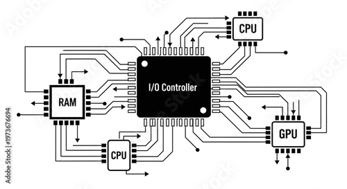 Detailed Black and White I/O Controller Diagram with CPU, RAM, and GPU Connections in a Bright Studio