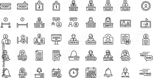 Queue management and ticketing system outline icon set with check in waiting line booking service and customer flow symbols