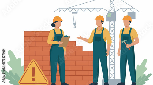 Construction workers with hard hats discussing plans at a building site