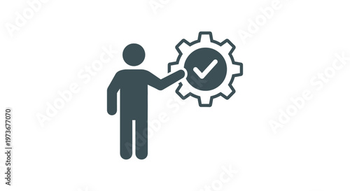 quality control icon depicting a person pointing at a gear with a checkmark symbolizing efficient process management and success.